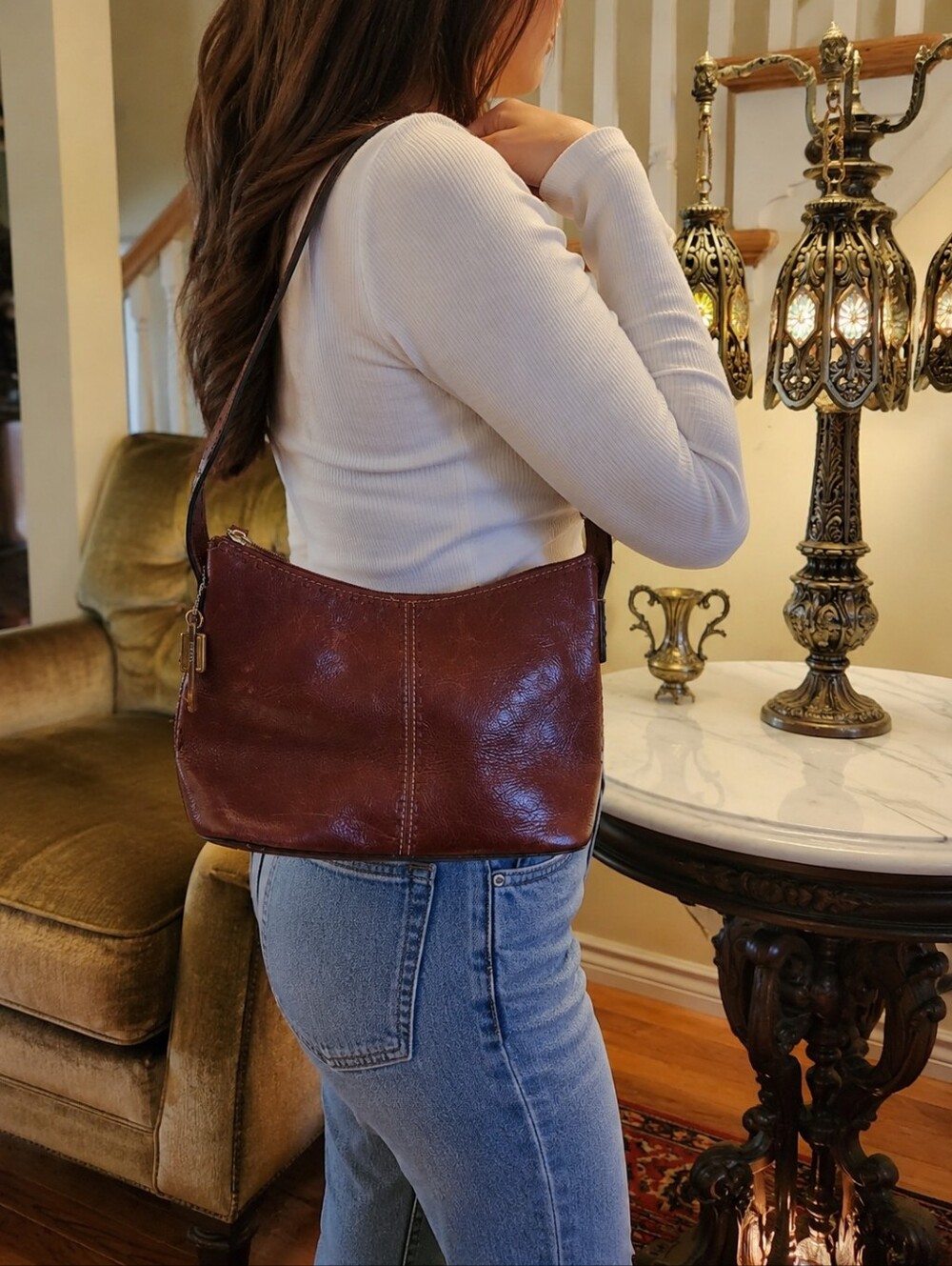 Fossil Genuine Leather Shoulder Bag Brown Hobo Purse Zip Top Classic Vintage